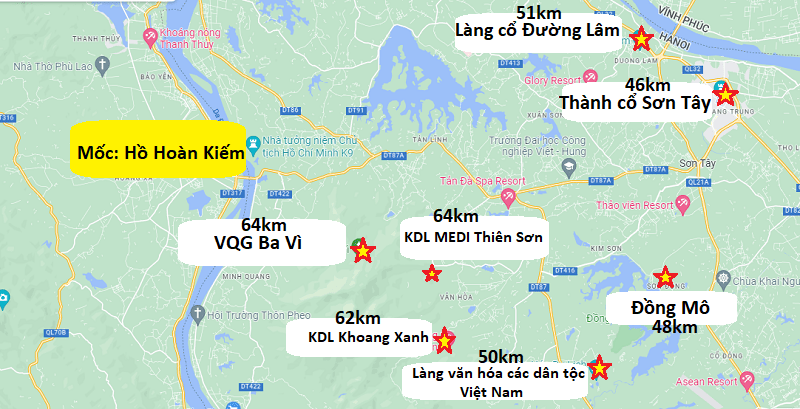 Bản đồ địa điểm du lịch Hà Nội mới nhất khu vực Ba Vì, Sơn Tây